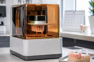 Dentálna 3D tlačiareň vyrába zubnú protézu, v pozadí je kalendár znázorňujúci rýchle zhotovenie náhrady.