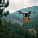 Moderný dron letí nad krajinou počas práce v teréne.