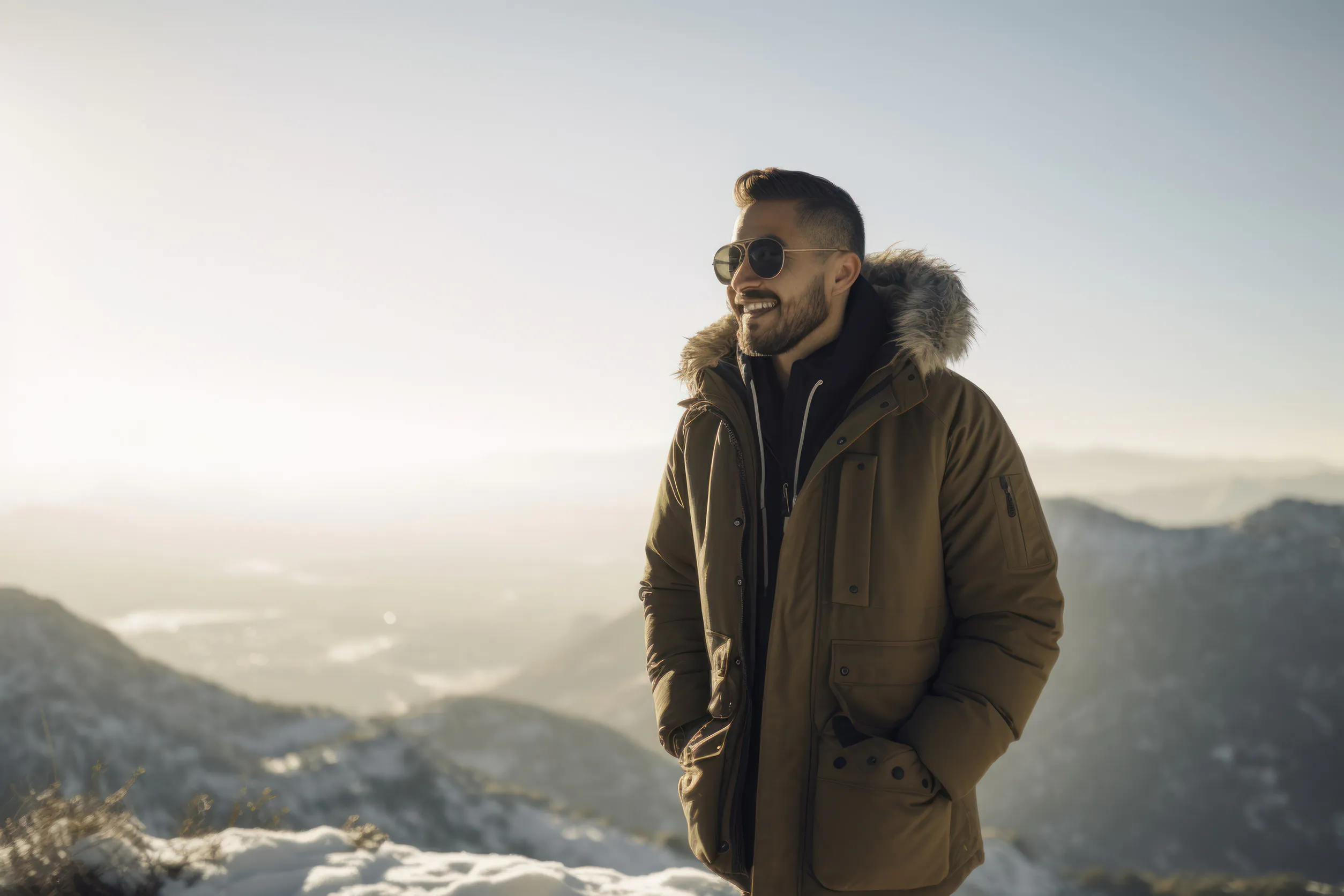 Turista stojí v zasneženej krajine oblečený v zimnej bunde a pevných topánkach.