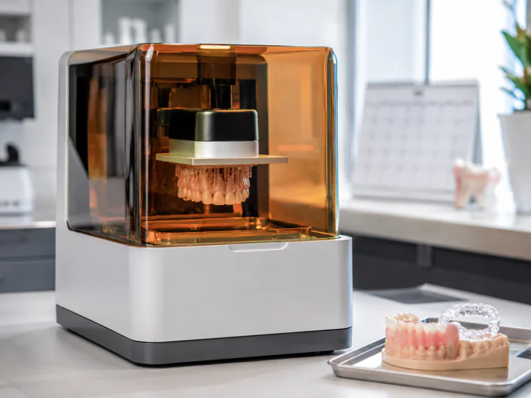 Dentálna 3D tlačiareň vyrába zubnú protézu, v pozadí je kalendár znázorňujúci rýchle zhotovenie náhrady.